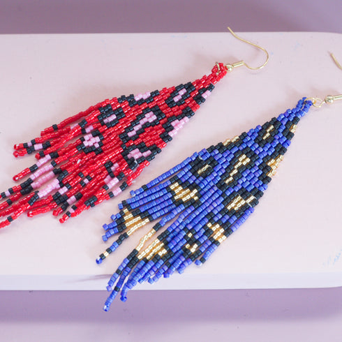 Long Bead Fringe Earrings in Blue Hot Leopard